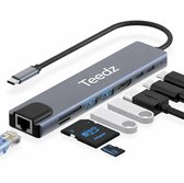 Teedz - USB-C Hub 8-in-1 – USB-C Adapter met HDMI 4K, Ethernet RJ45, 100W Power Delivery, USB 3.0, SD/TF Kaartlezer – Voor Laptop, MacBook, Tablet