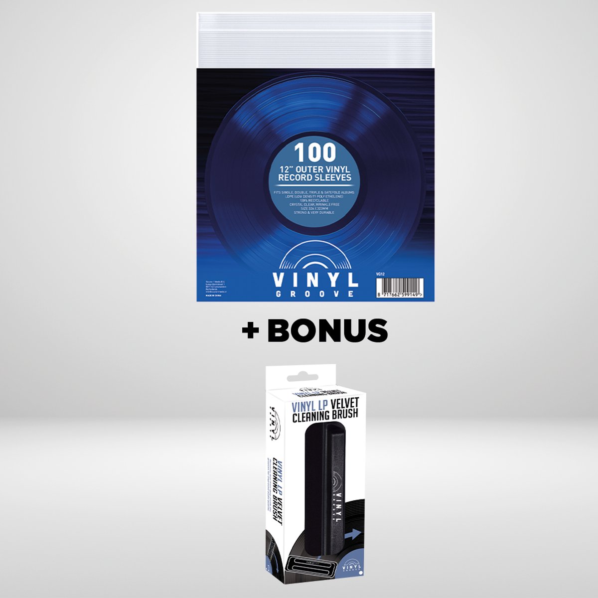 Bundel: 12” Outer Vinyl Record Album Sleeves 100 pcs / pack + Vinyl LP Velvet Cleaning Brush