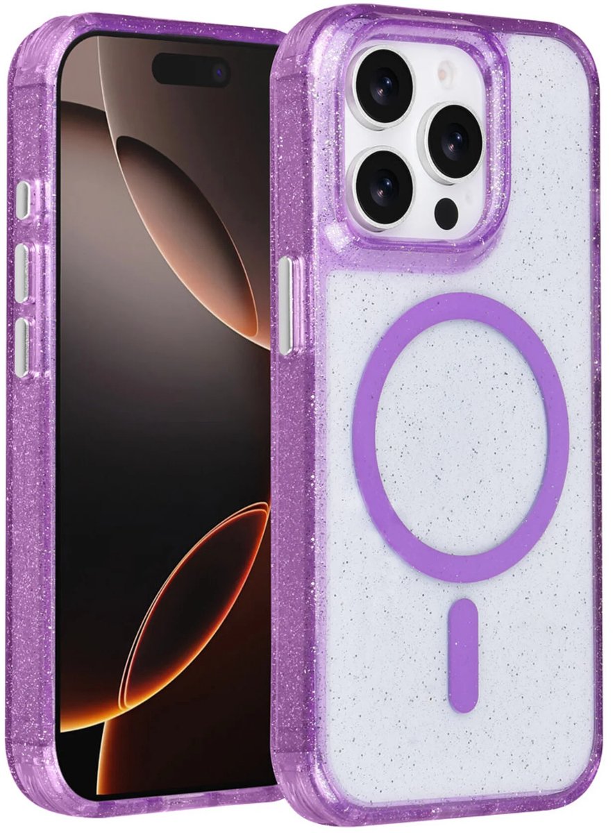Backcover Hoesje Geschikt voor: iPhone 15 Pro - MagSafe Compatibel – Transparant Glitter Design – Krasbestendig – Slanke Bescherming met Perfecte Pasvorm - Paars