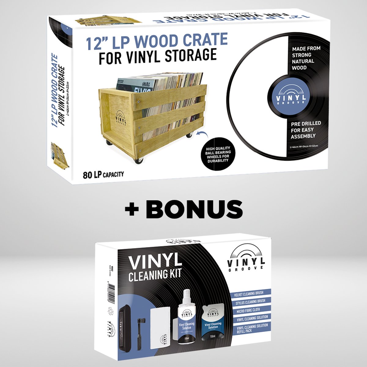 Bundel: 12" Wooden 80 LP Crate With Wheels - Teak + Vinyl Record Cleaning Kit Bonus