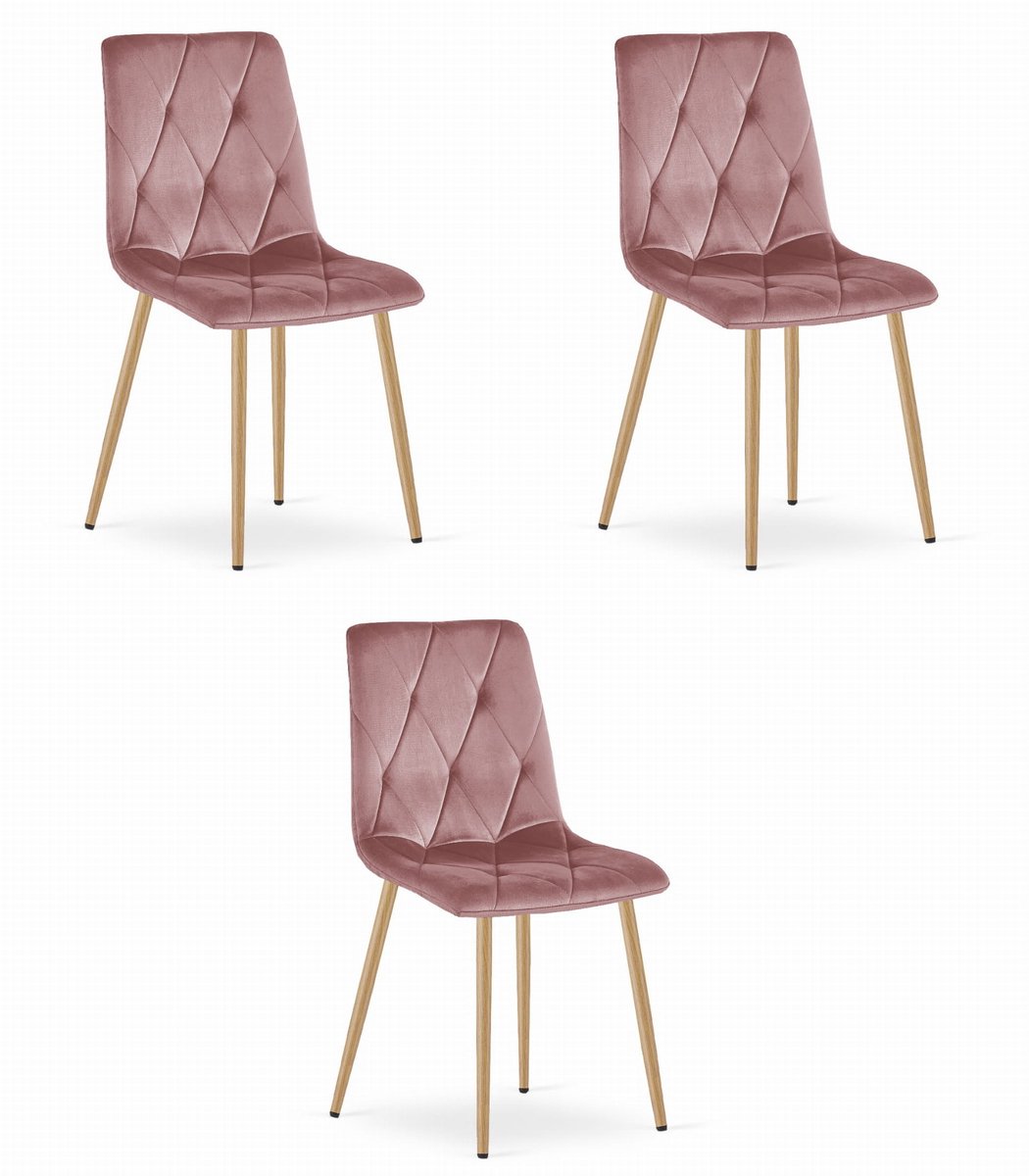 LEOBERT Set van 3 Eetkamerstoelen LIBRA Donkerroze – Houtlook Metalen Poten, Modern Velvet Bekleding, Ergonomisch Design, Max. 120 kg