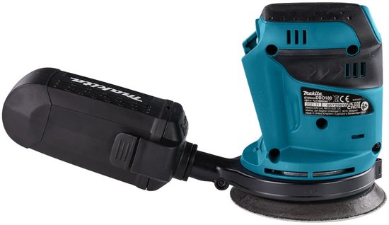 Zijzicht van turquoise en zwarte Makita excenterschuurmachine met stofopvangbak.