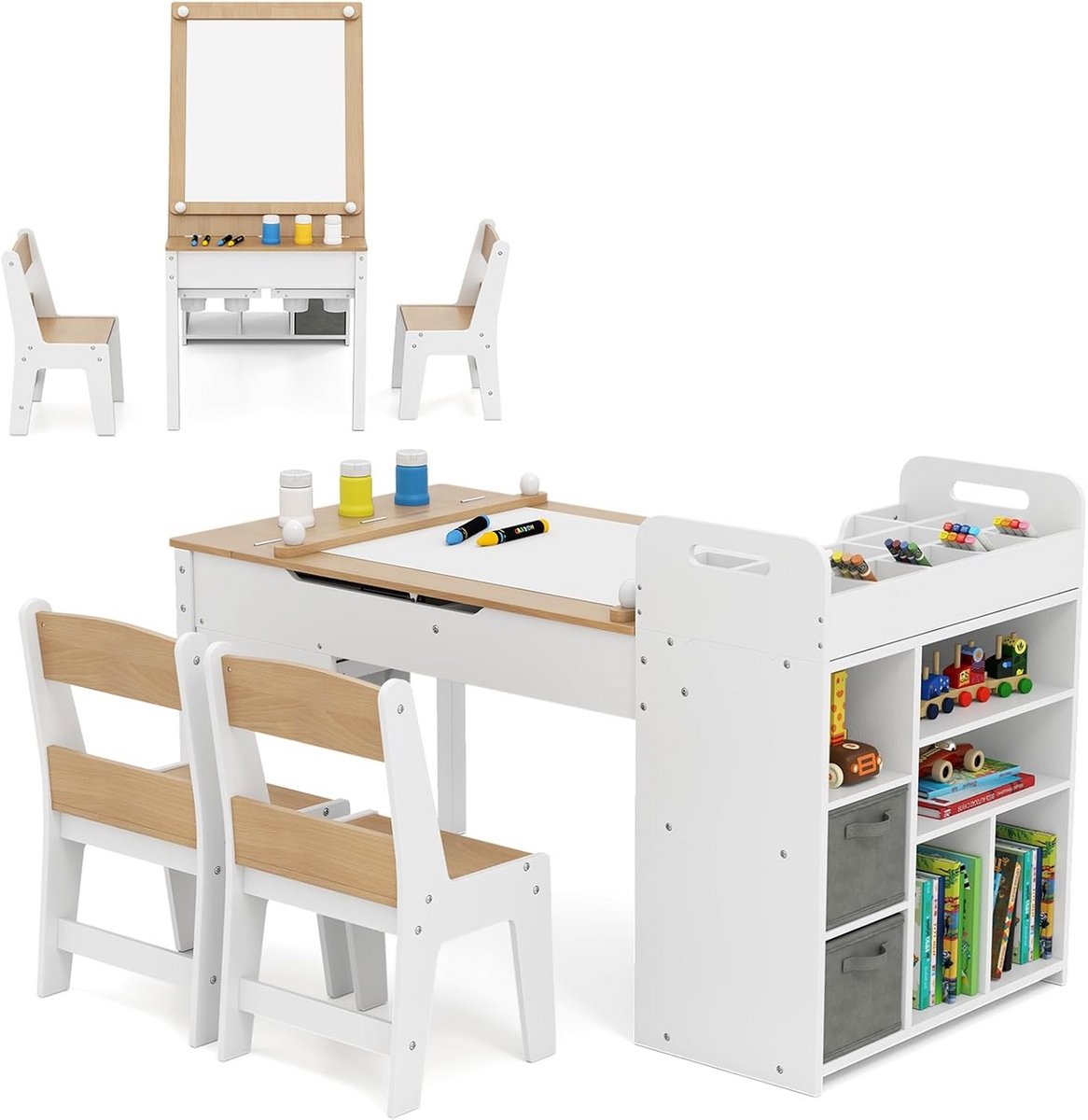 Kindertafel met 2 stoelen en papierrol - Houten bureau voor creatieve kinderen
