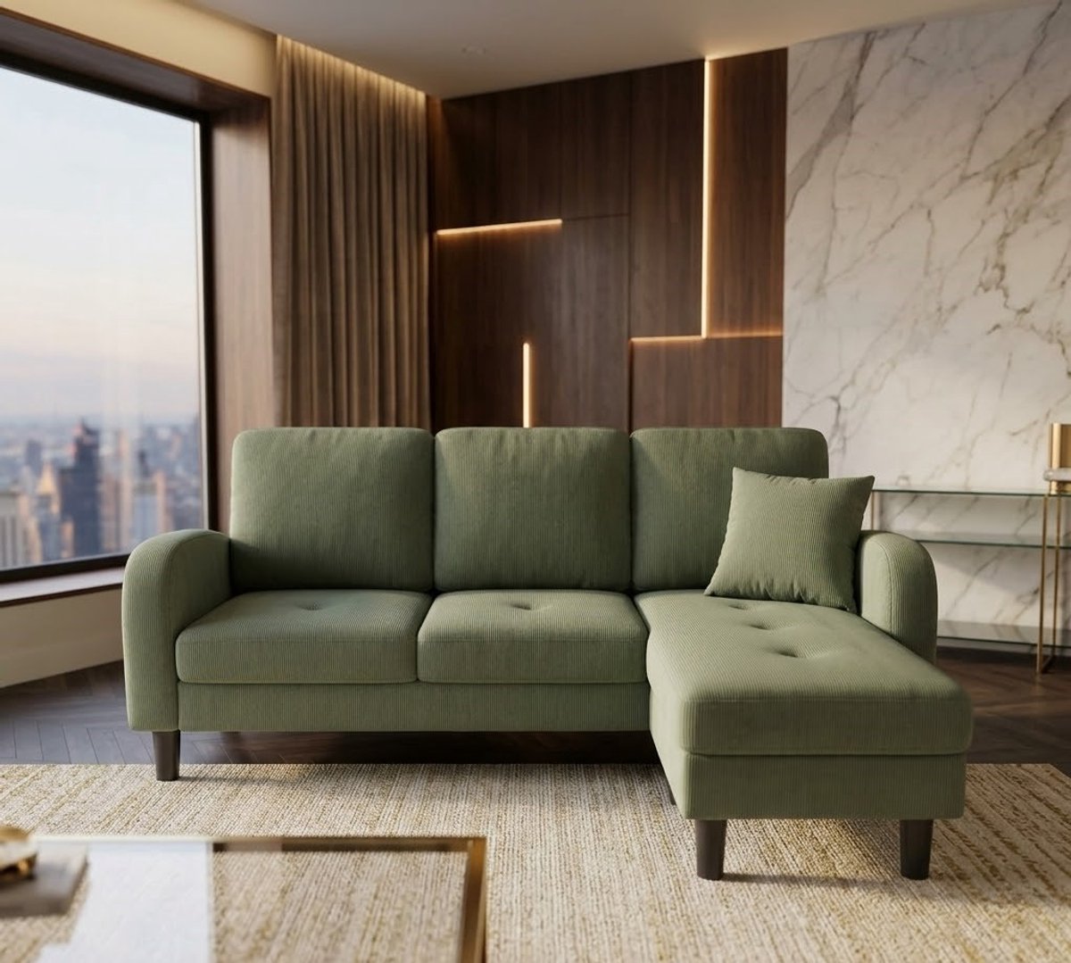 L-Shape Modulair Hoekbank Sofa met Chaiselongue – 3-Zits Comfortabel Zithoek Meubel, Ademend Katoen-Linnen, Robuuste Kunststof Poten – Perfect voor Woonkamer, Appartement of Home Office – Groen | Casa Serena