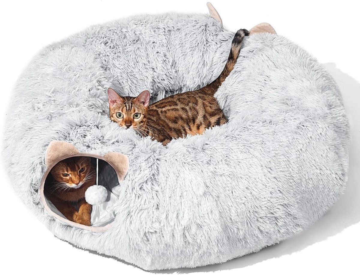 Kattentunnel met kattenmandje voor binnenkatten, zachte pluche kijk- en slaaptunnel in de vorm van een donut, multifunctionele speelplek en verstopplaats voor kittens, konijnen en fretten (grijs)