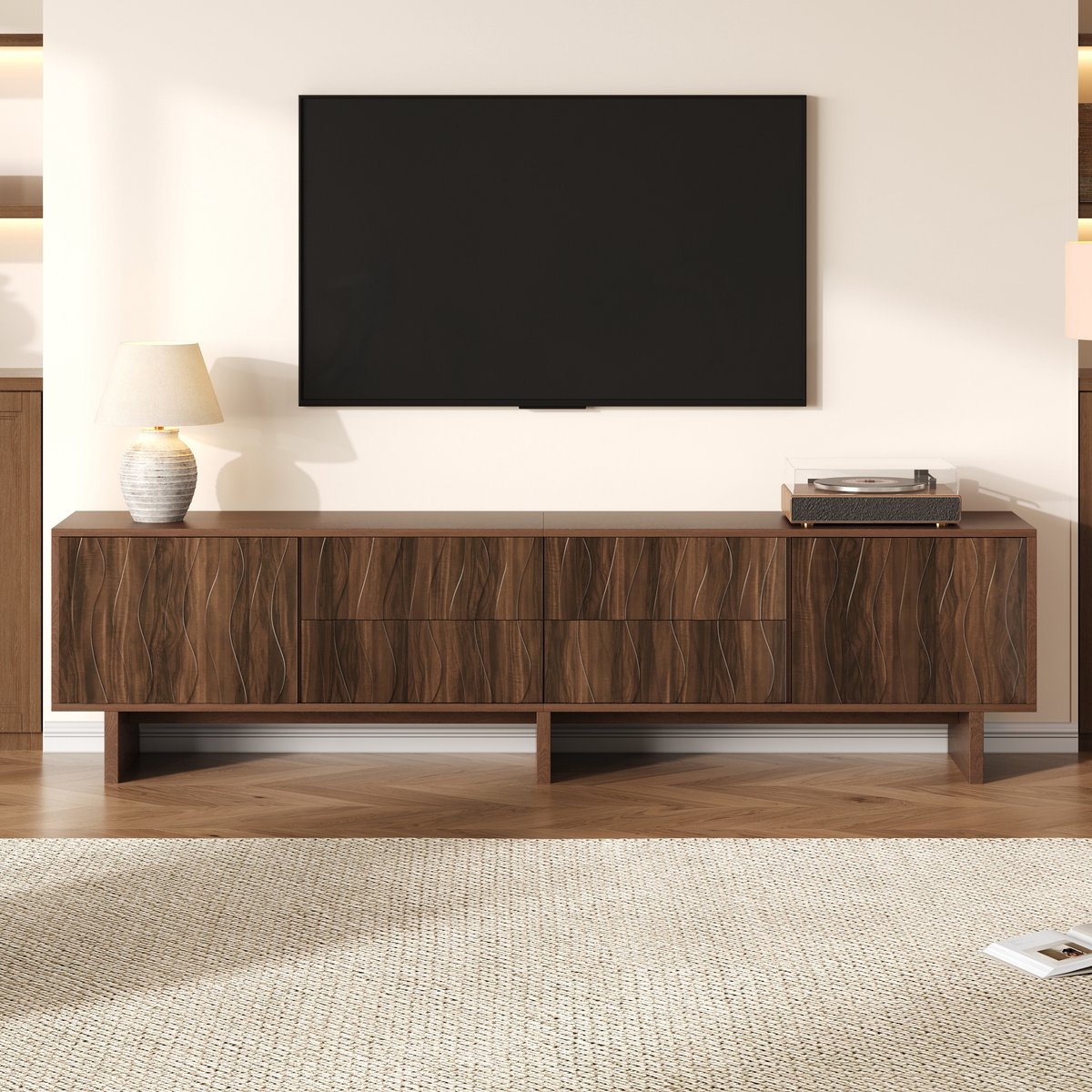 PHOEBE CAT TV-kast - 4 lades - Houtnerfafwerking - 180 x 40 x 56 cm - Walnootkleurig - Bruin