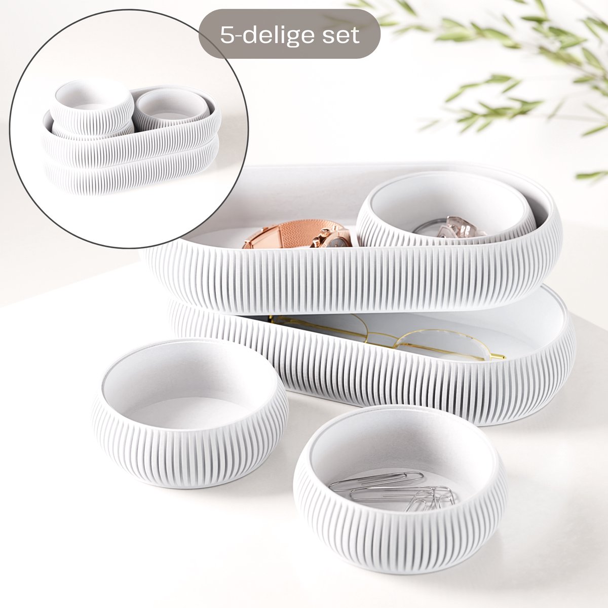 Fleuriek - Luxe catch-all trays set 5-delig - Multifunctionele opbergset voor paperclips, elastiekje, make-up en sleutels - Stapelbare organizers - Wit
