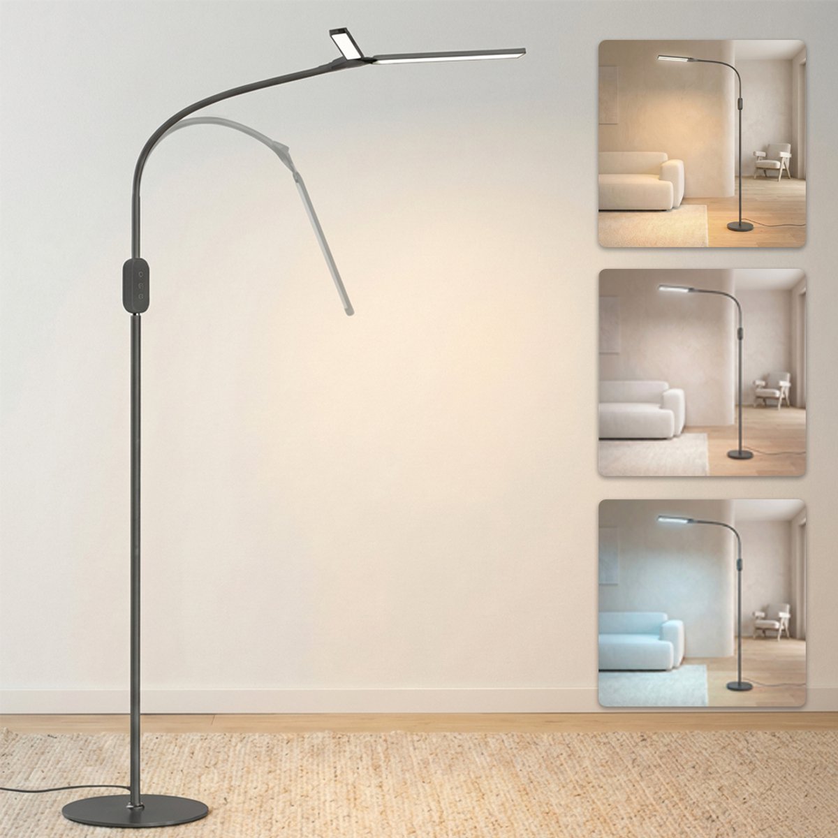 SBR Glow Vloerlamp - Staande lamp - Leeslamp - 3 lichtkleuren - Dimbaar - in hoogte verstelbaar - Daglichtlamp - Zwart