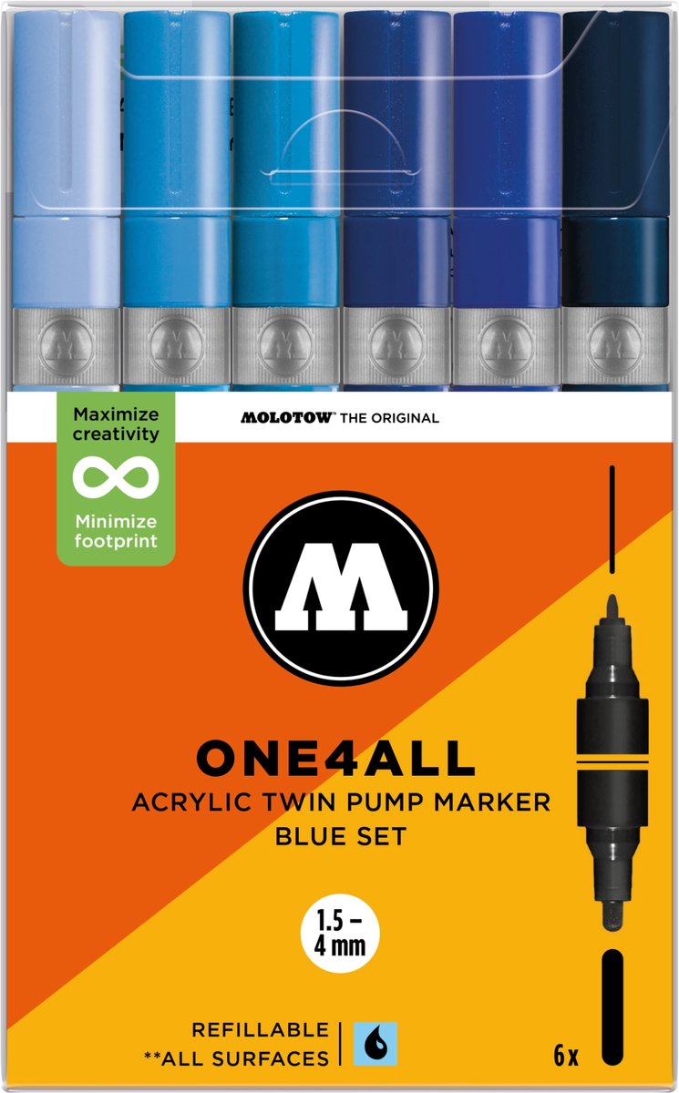 MOLOTOW ONE4ALL TWIN Acrylstiften Set - Blauw - 6x (1,5+4mm) - Blue Set