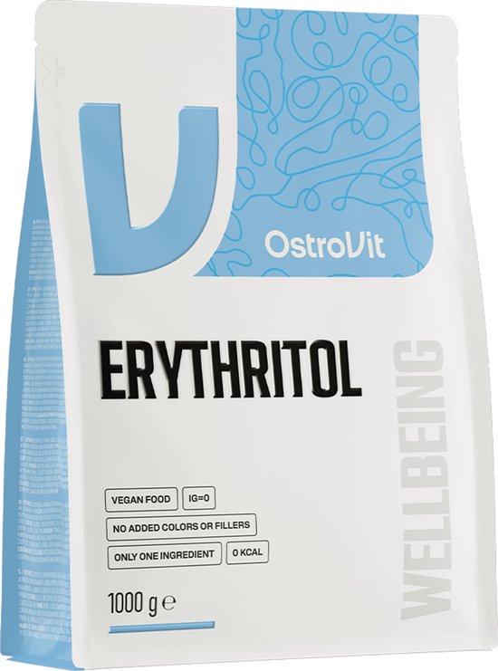Een witte zak OstroVit Erythritol met een blauw logo en blauwe lijnen. Inhoud 1000g. Vegan food, IG=0, no added colors or fillers, only one ingredient, 0 kcal.