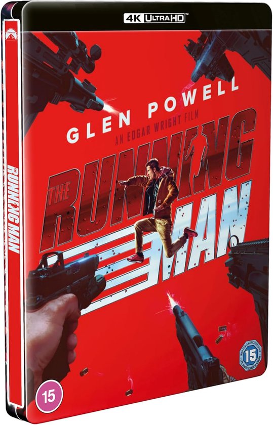 Voorkant en zijkant van de "The Running Man" steelbook met Glen Powell, omringd door geweren. Rode achtergrond. Zijkant met titel.