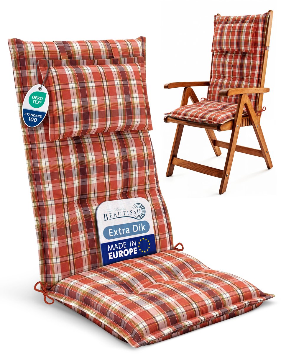 Beautissu Tuinkussen Hoge Rug Zitkussen 120x50cm HighLux HL – Set van 4 Stoelkussens voor Tuinstoelen 7cm dik Oranje-Rood-Groen Geruit – Made in EU