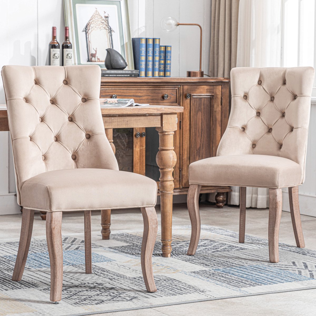 HAUSS SPOLE Eetkamerstoel Set Van 2 - Fluwelen Bekleding Met Knopen - Voor Eetkamer Keuken En Bistro - Rubberhout Beige - 97x51x47 Cm