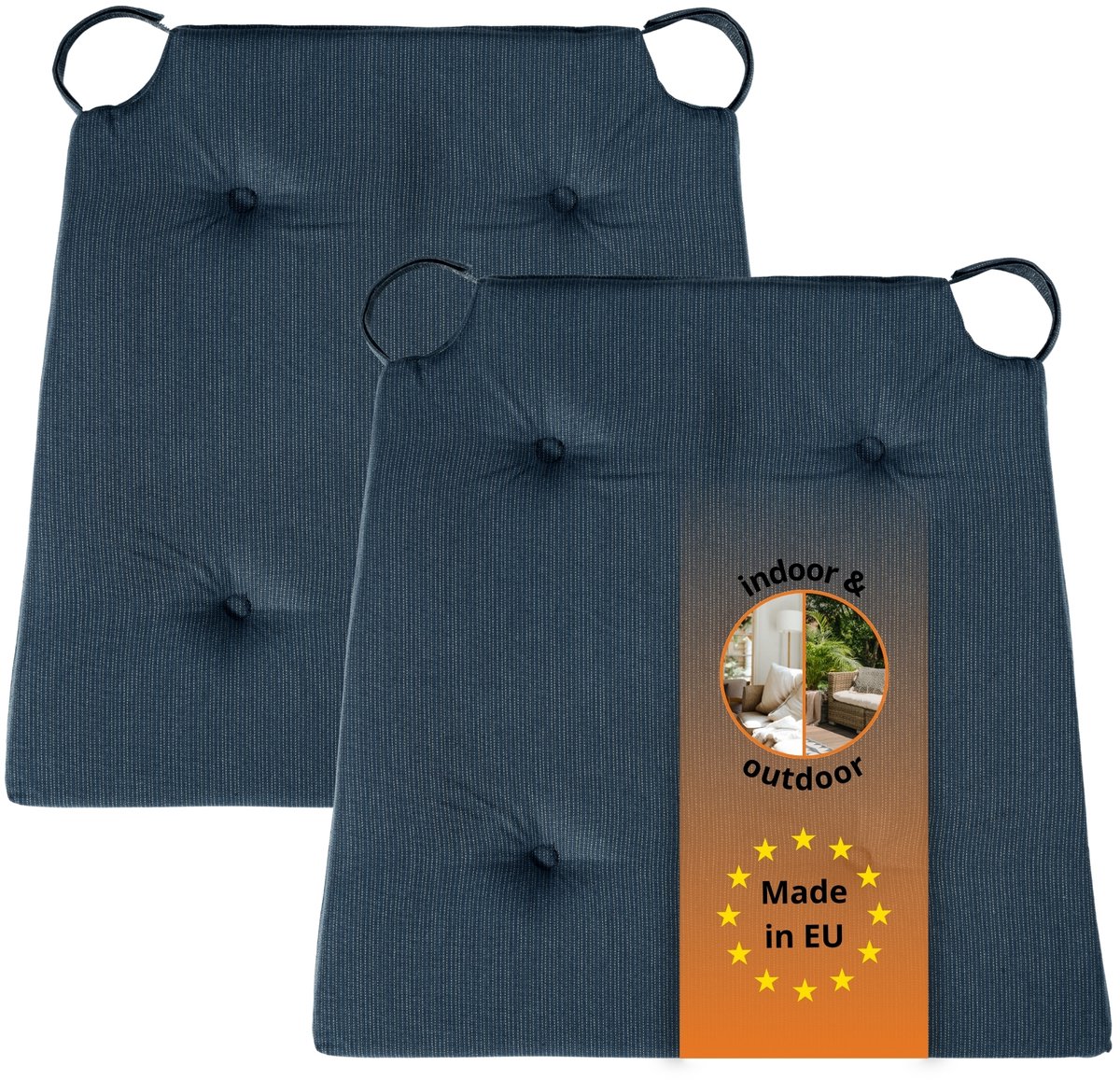 sleepling Basic 10 stoelkussenset 2-delig - stoelkussens 40x40 cm - stoelkussens buiten en binnen - stoelkussens eetkamer, stoelkussen met lint en zitkussen met klittenband - Made in EU - set van 2 - 41 (voor) / 35 (achter) x 40 x 5 cm - donkerblauw