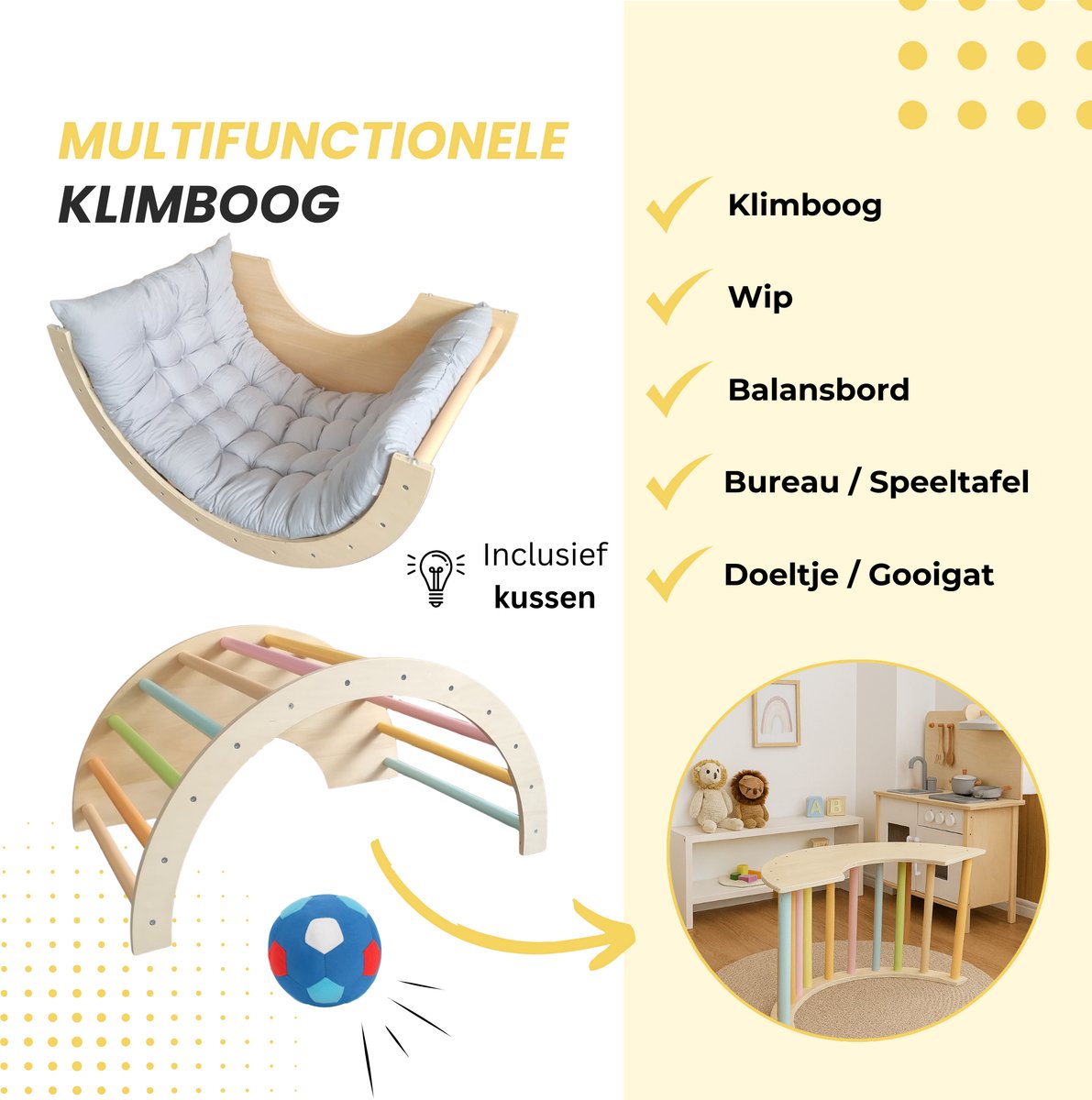 Dastium Kids - Klimrek - Montessori Speelgoed - XXL Houten Klimrek Speelgoed - Klimboog met Kussen - Klimrek Baby - Klimrek Peuter - Klimrek met Glijbaan - Pastelkleuren — afbeelding 7
