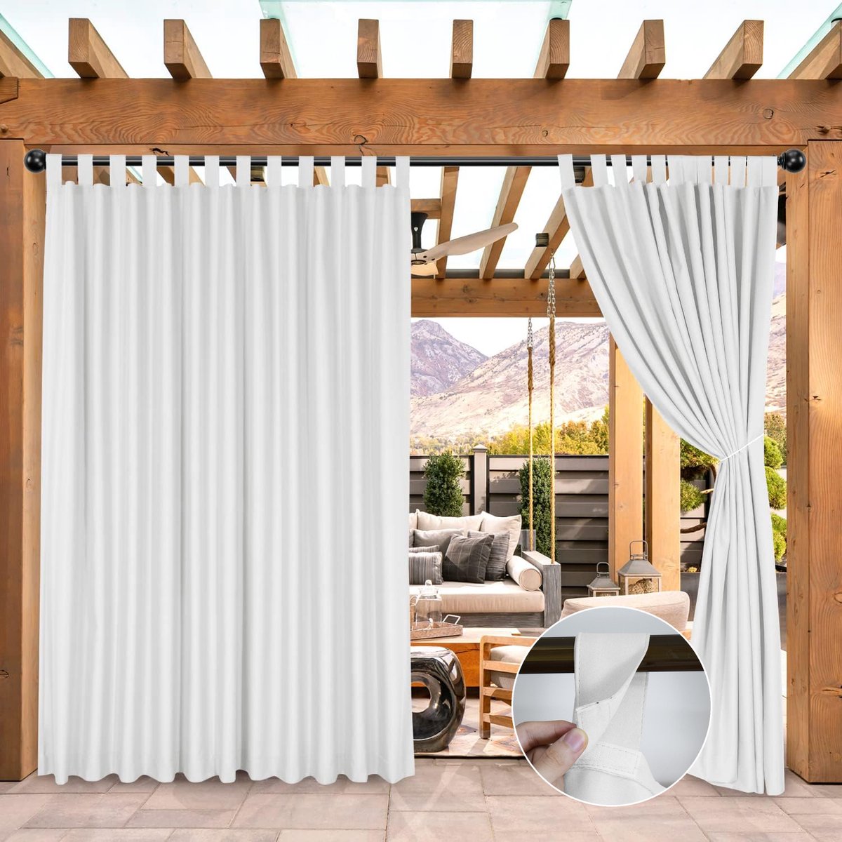 Qelus Extra Breed Buitengordijn met Klittenband Lussen - Waterdicht Outdoor Gordijn 254cm - Verduisterend Balkongordijn - Rideau Extérieur - 254x213cm - Grijswit - 1 Stuk