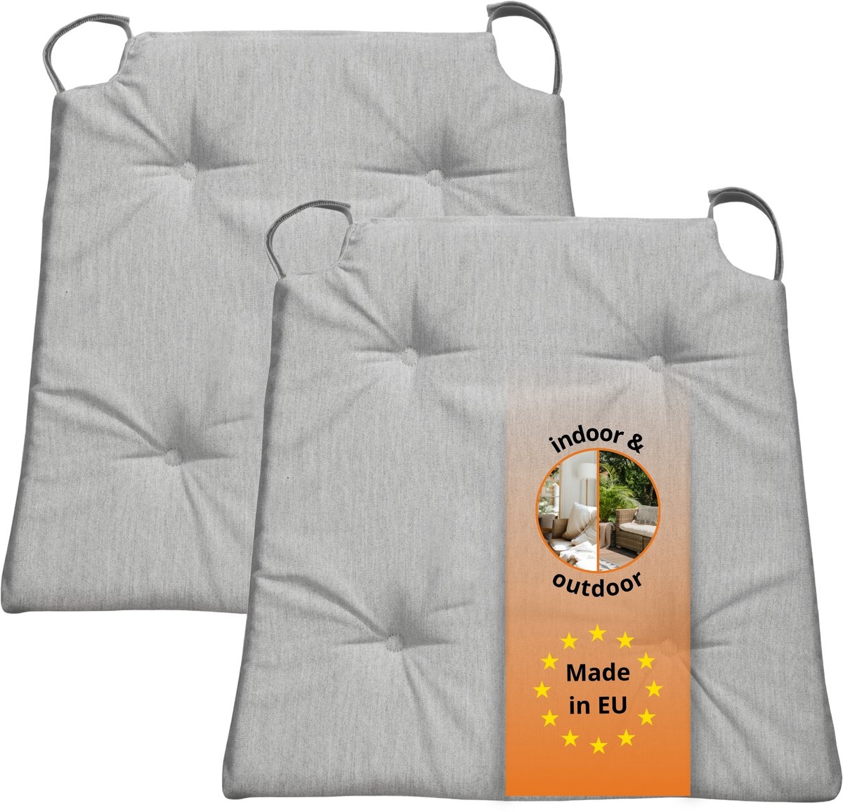 sleepling Basic 10 stoelkussenset 2-delig - stoelkussens 40x40 cm - stoelkussens buiten en binnen - stoelkussens eetkamer, stoelkussen met lint en zitkussen met klittenband - Made in EU - set van 2 - 41 (voor) / 35 (achter) x 40 x 5 cm - zilver