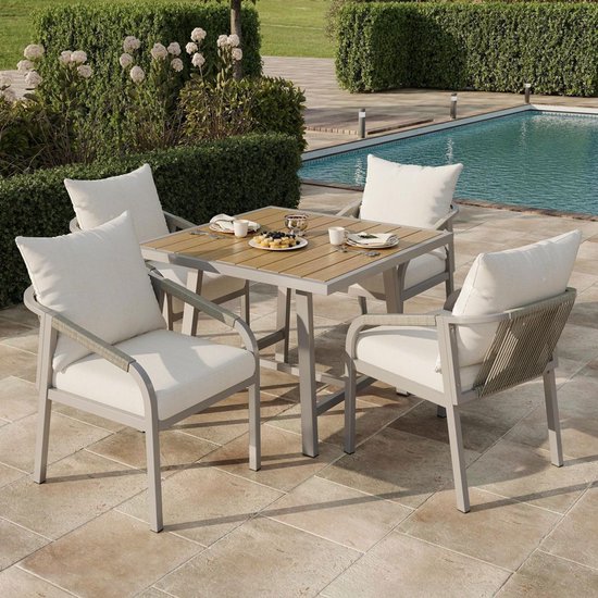 BLACKCOLORS Ensemble de jardin, ensemble de mobilier de jardin, convenant pour 4 personnes, composé d'une table et 4 chaises, tube en acier galvanisé, plateau de table en plastique avec aspect bois, design en corde tressée, kaki + beige