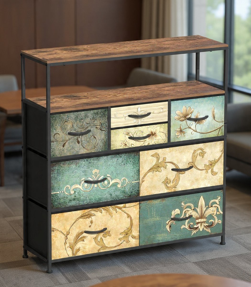 Commode met 8 stoffen laden, Boheemse kaptafel, tv-kast, standaard voor slaapkamer, dressoir met houten plaat, stoffen laden, metalen frame, voor woonkamer, slaapkamer, hal-NoviHome
