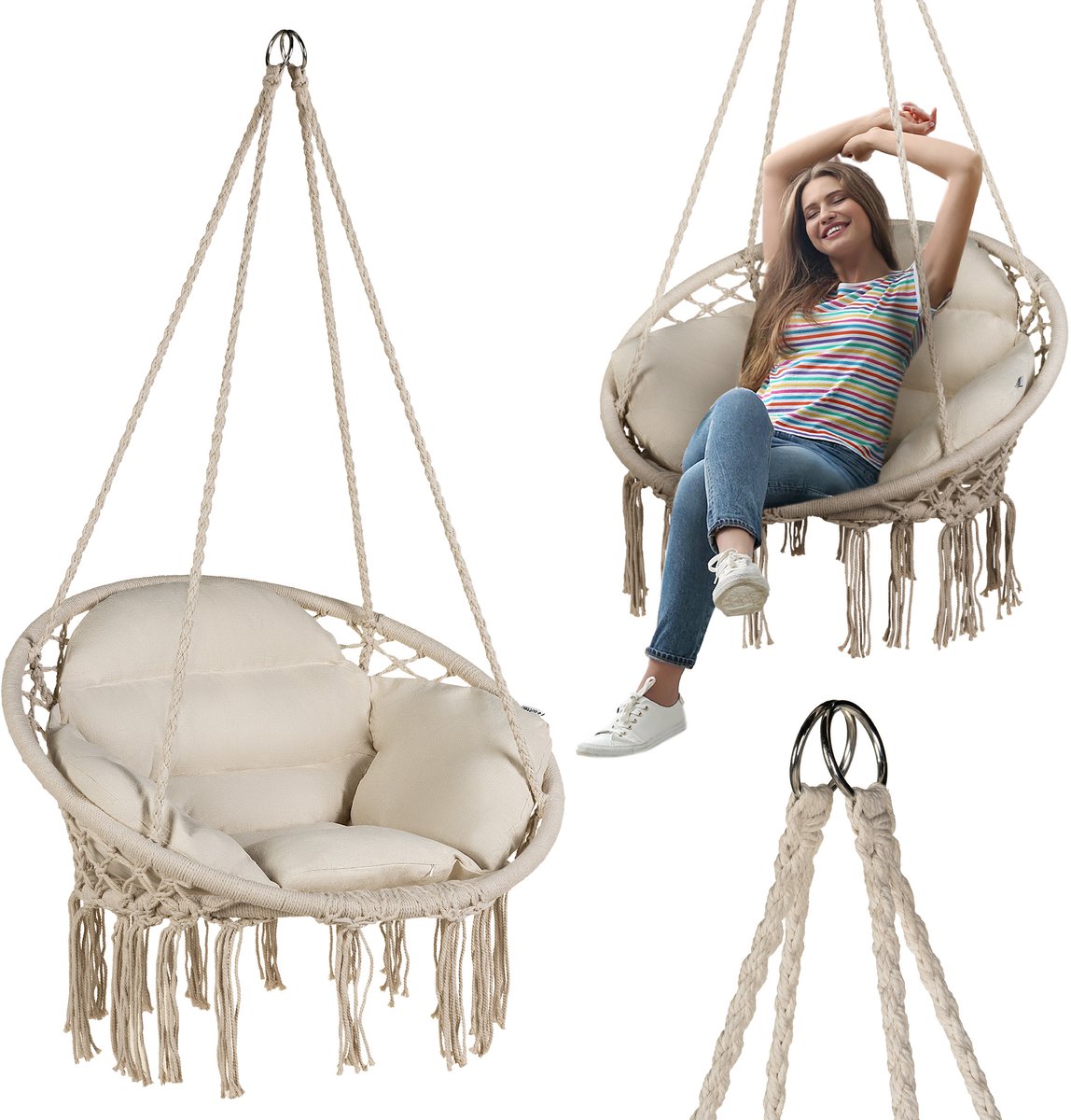 Luverno® Hangstoel met Kussens - 62cm Diameter - tot 150 kg - 100% Katoen - Zitzak, Schommel - voor Buiten, Tuin, Balkon, Huis