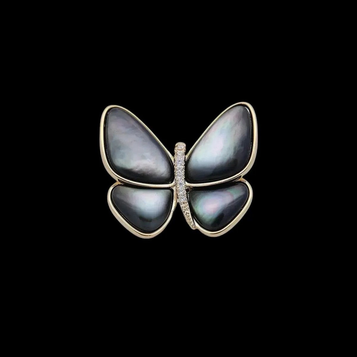 Victoria Valenza Goudkleurige Vlinder Broche met Grijs Parelmoer en Zirkonia Stenen - Broche - Goudkleurig - Vlinder broche - Zirkonia