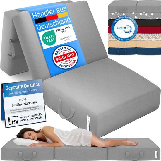 ELONEO Opvouwbaar Matras - 3-Delig Vouwmatras, Extra Dik 15 cm Schuim, Wasbaar en Draagbaar Logeermatras voor Volwassenen, Eenpersoonsbed (Grijs, 75 x 195 x 15 cm)