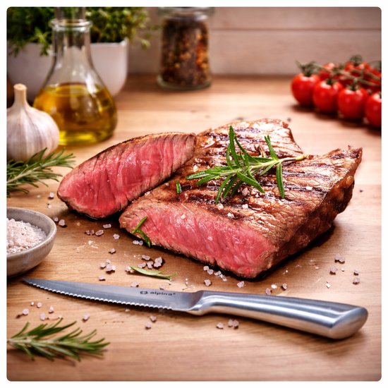 Steak grillé sur une planche en bois, avec du romarin et du gros sel.