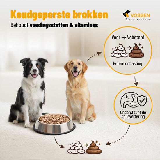 Twee honden, een Border Collie en een Golden Retriever, zitten naast een voerbak. Illustraties tonen betere ontlasting en ondersteuning van de spijsvertering. Tekst: Koudgeperste brokken behoudt voedingsstoffen & vitamines.