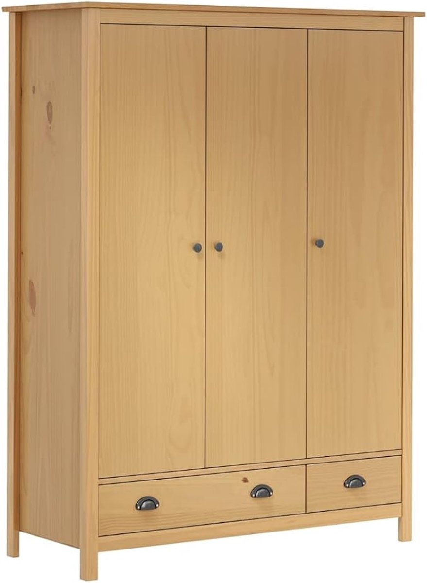 Kledingkast 127x50x170 cm – Massief Grenenhout – 3 Deuren, 2 Laden, 5 Vakken en Hangroede – Honingbruin Houten Garderobekast voor Slaapkamer – Abkantoor