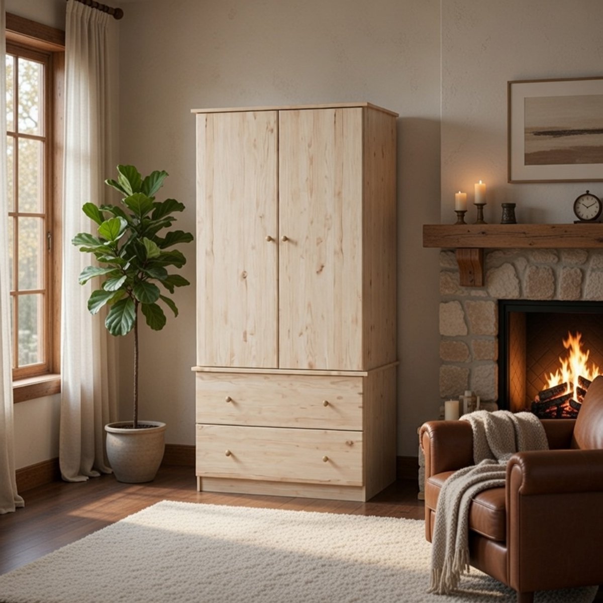 Massief Grenenhouten Kledingkast met Kledingstang en 2 Laden – 170 cm Hoge Houten Garderobekast voor Slaapkamer, Hal of Gang – Landelijke Opbergkast met Veel Opbergruimte – Bruin | Novihome