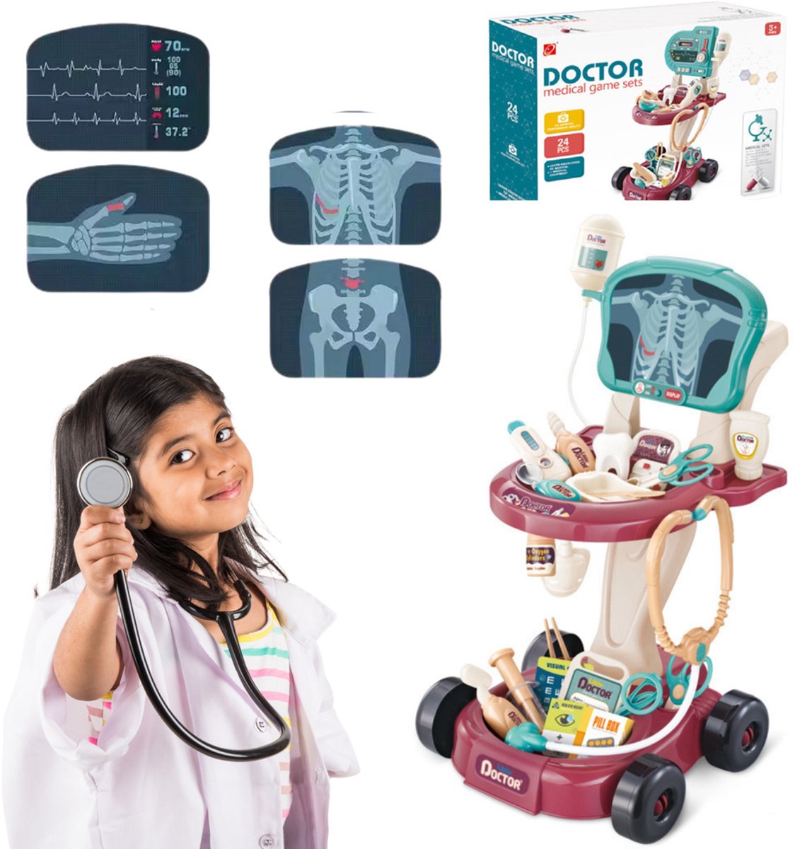 Dokters Speelset - Medische Trolley met EKG - Kinder Dokter Speelgoed - Stethoscoop - Thermometer & Accessoires - Rolstoel Speelset - Educatief & Leerzaam - voor 3+ jaar - 2 x AA-batterijen (niet inbegrepen) - Multicolor