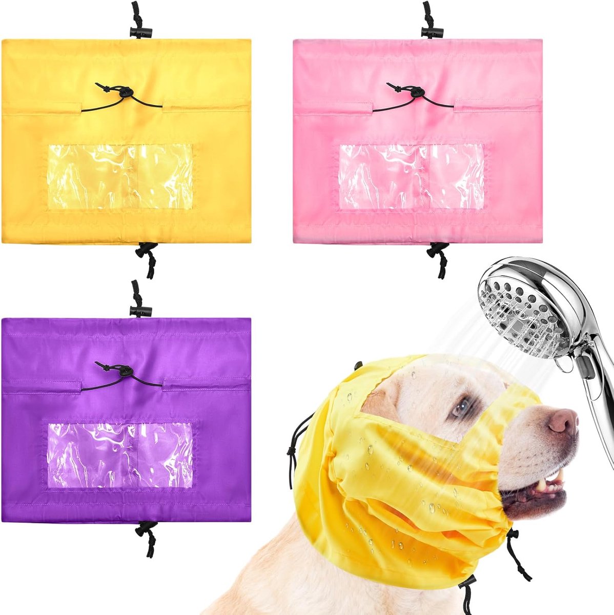 Hondenbadmutsen - 3 stuks - Waterdichte oorbeschermers - Verstelbaar - Waterdichte oorkappen voor honden - 30 x 24,5 cm - Badoorkappen - Geschikt voor baden, trimmen, zwemmen en bescherming tegen regen - Geel, Paars, Roze