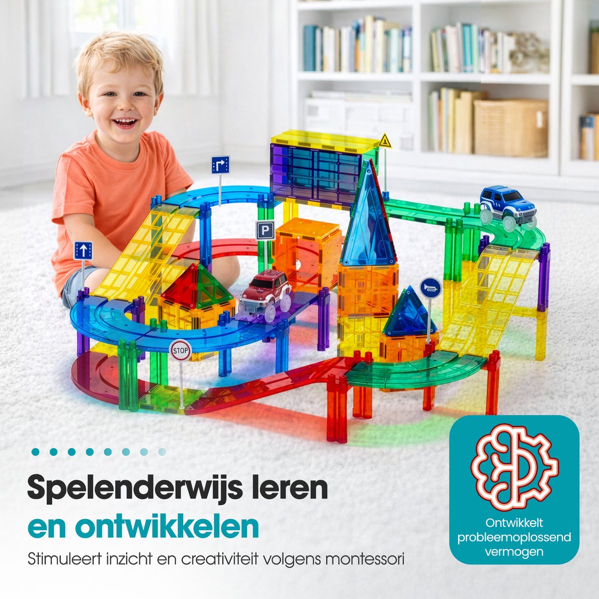 Magnetic tiles racebaan - 110 stuks - Magnetische tegels - Speelgoed - Travel set - Constructiespeelgoed - Magneet tegels - Montessori - Met 2 magna auto's — afbeelding 9