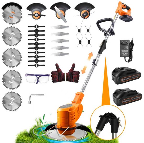 Grenintol 4-in-1 Grastrimmer - Accu Grastrimmer - Kantenmaaier & Bosmaaier Met 2x2.0 AH Accu & Lader - Opvouwbaar, Draadloos & Elektrische Grastrimmer Met 850W Borstelloze Motor - Multifunctioneel Voor Tuin & Park - Oranje
