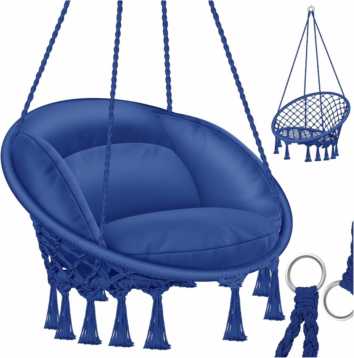 Hanging Chair 150 kg with Seat Cushion and Braided Fringes - Weatherproof and Water-Repellent