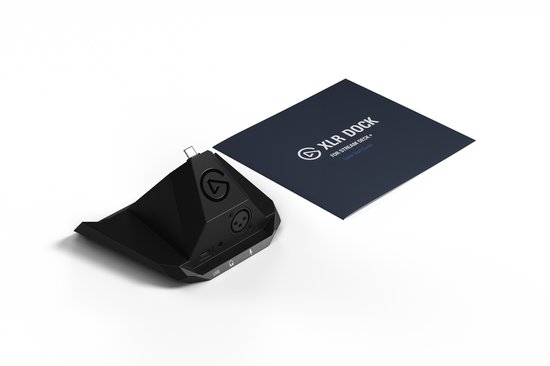 Zwarte Elgato XLR Dock MK.2 op een witte ondergrond met een blauwe handleiding 'XLR DOCK FOR STREAM DECK+'.