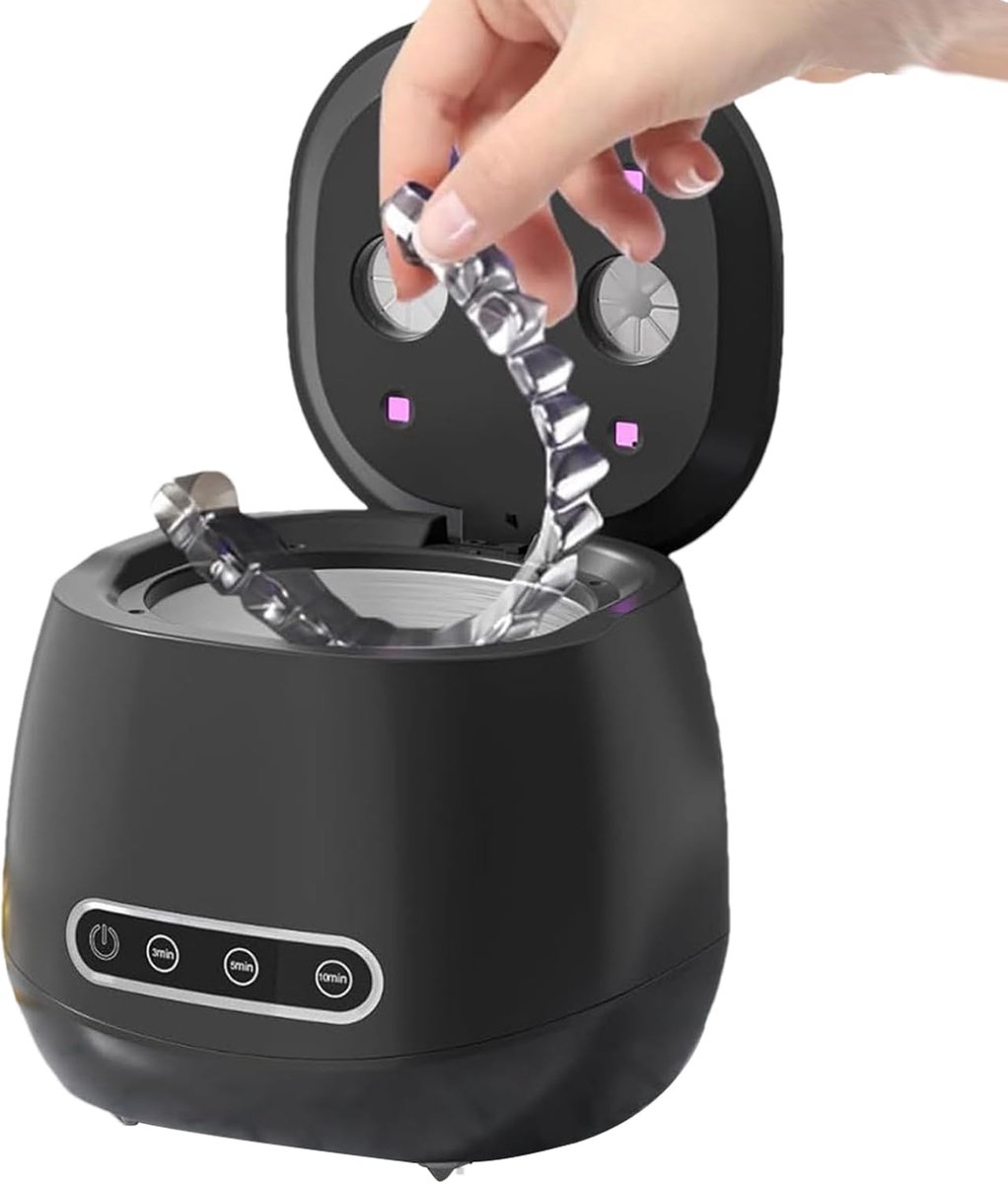 Ultrasoon Reiniger - Ultrasone Kunstgebit Reiniger - 45Khz - UVC+UVA - 3versnellingen - Timer - Gebitsbakje - Beugelbakje - 304 binnengroef - Inclusief USB-oplaadkabel - 160ml - Draagbaar - voor kunstgebitten, beugels en sieraden - zwart