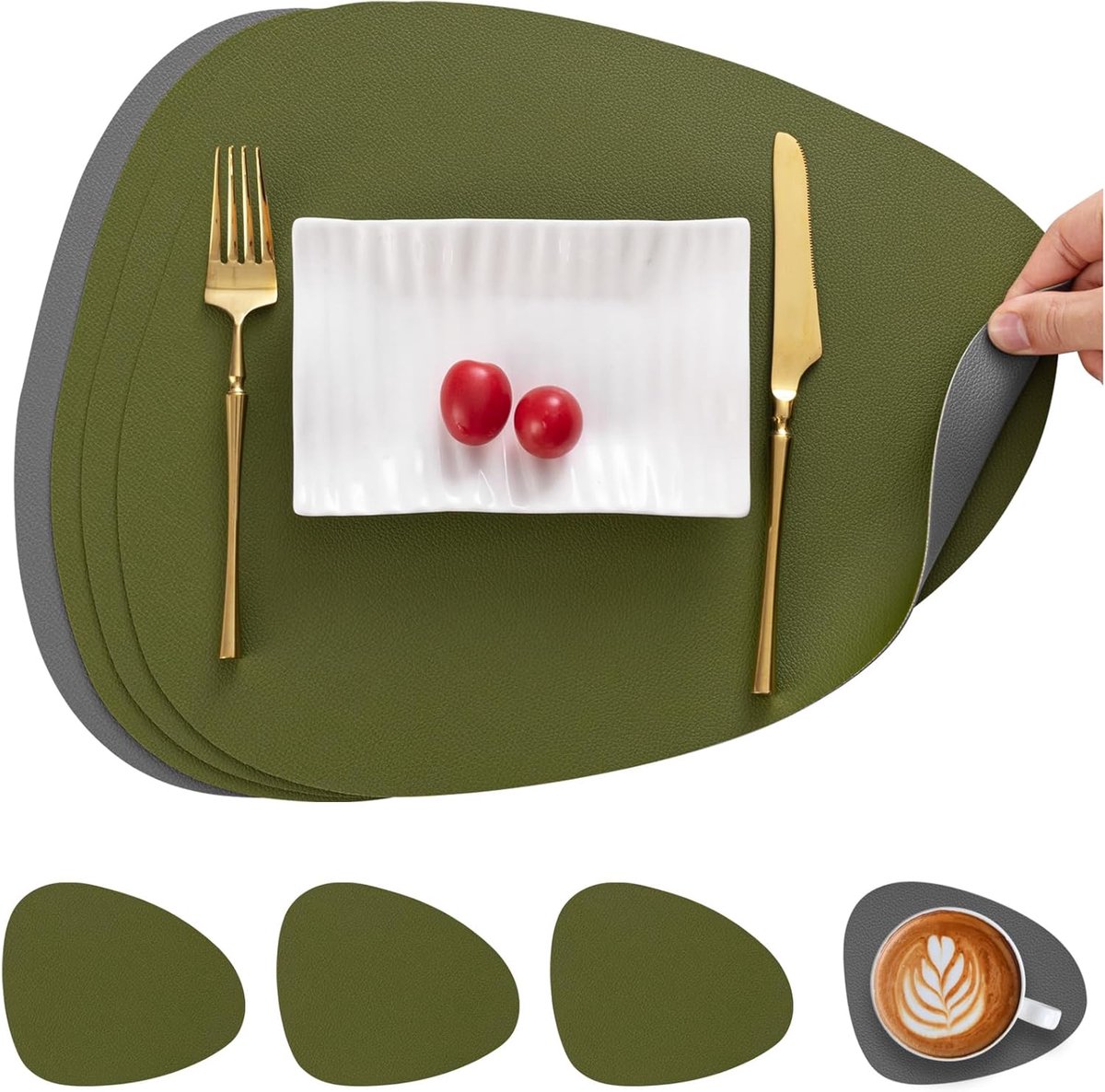 4-delig Set Kunstleren Placemats & Onderzetters - Antislip & Dubbelzijdig - Stijlvolle en Herbruikbare Tafelmatten (Groen+Grijs)