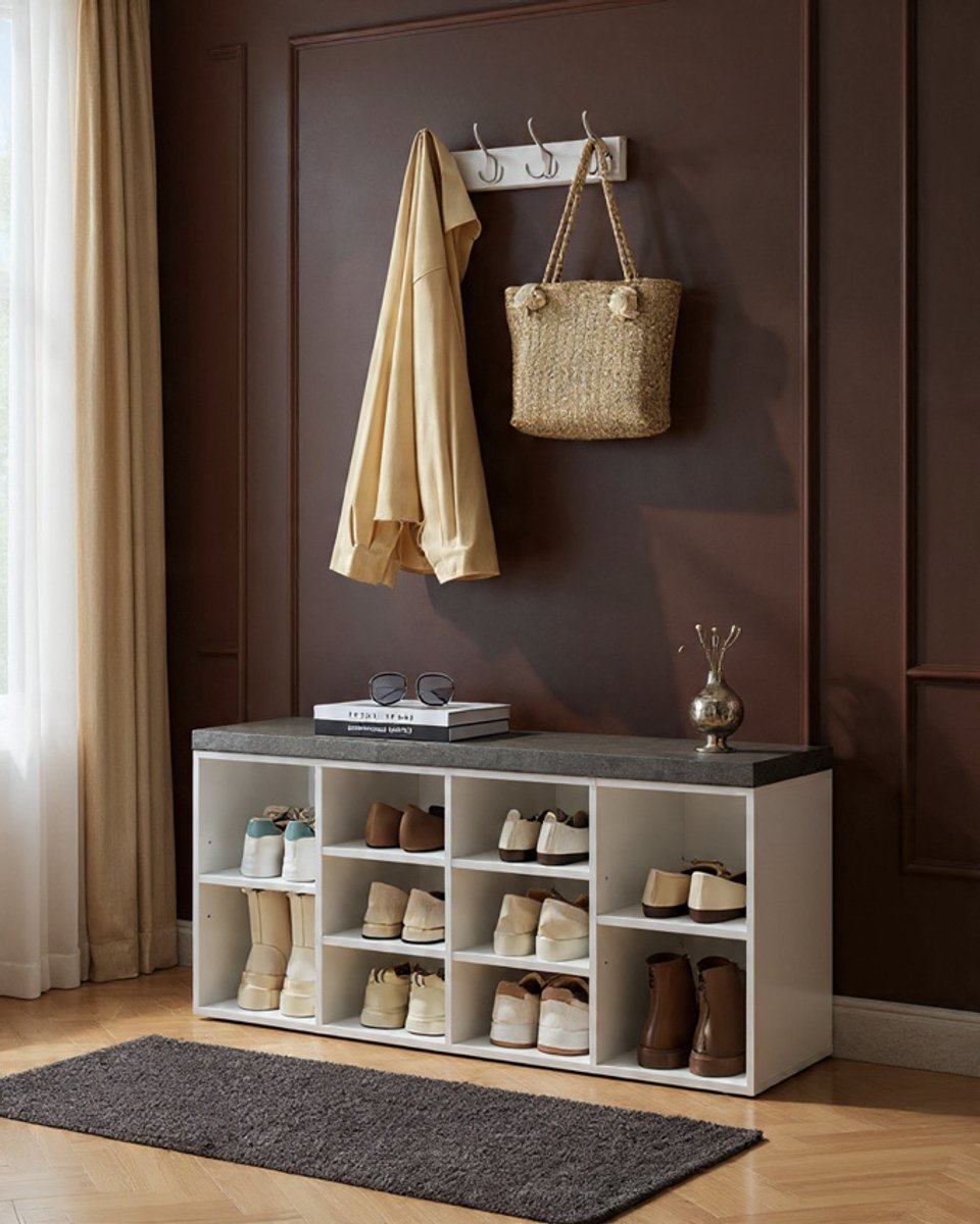 Elegante Schoenenbank met Zitvlak en Opbergruimte – Halbank met 10 Open Vakjes, Verstelbare Planken, Comfortabel Gevoerd Kussen, Multifunctionele Schoenkast voor Slaapkamer, Woonkamer of Entree – Wit-Grijs novihome