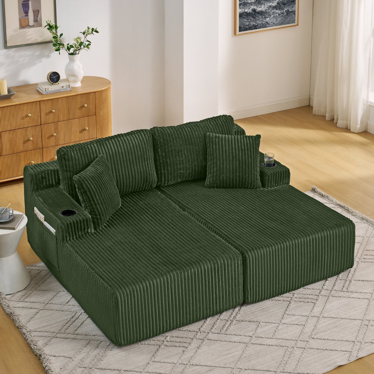 Tweezits Relaxbank/Loungestoel, Zachte Corduroy Stof, met Zijvak voor Tijdschriften, Bekerhouder en Kussens, Geschikt voor Woonkamer, Speelkamer, Studeerkamer, Logeerkamer en Appartement, Groente