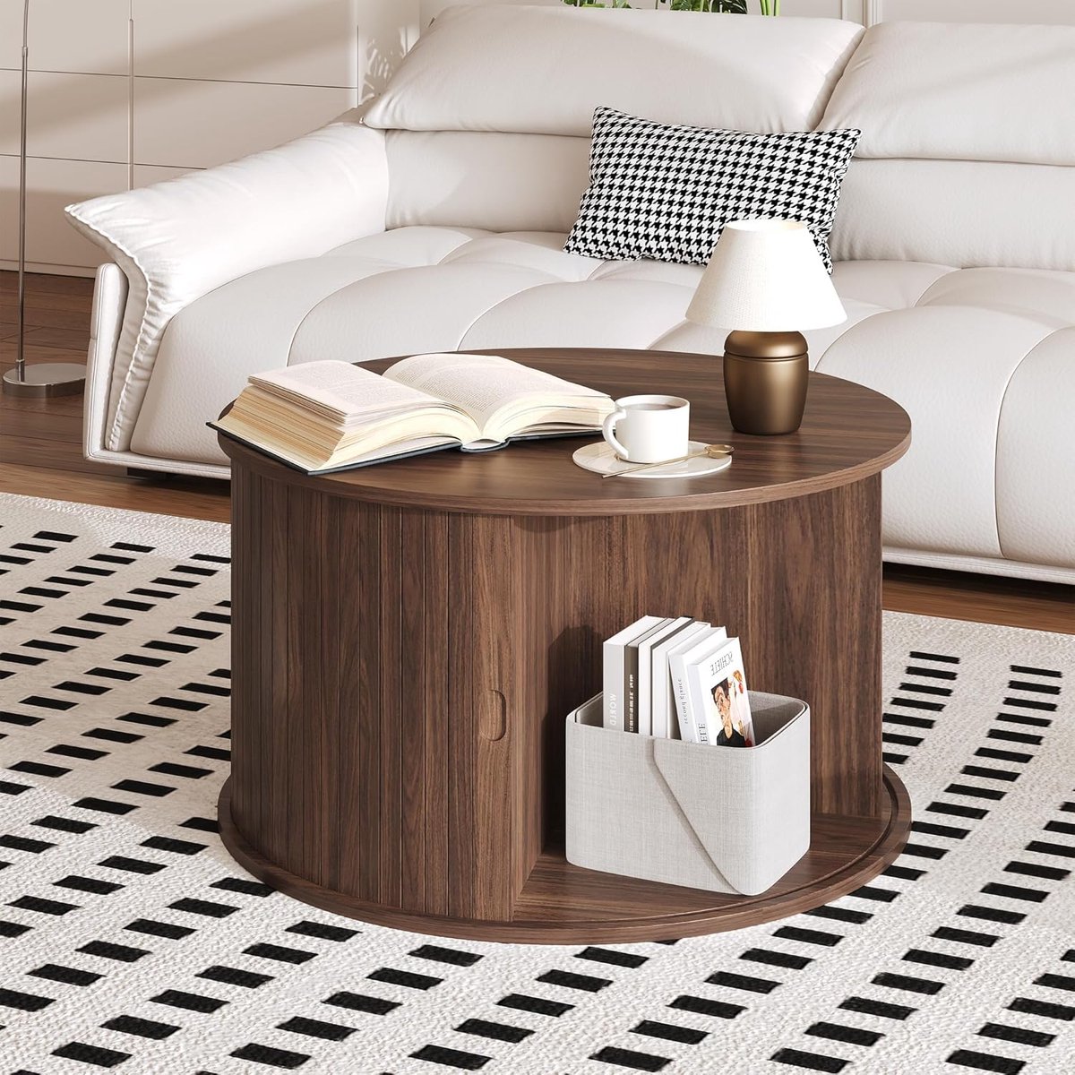 Meubels - Salontafel - Ronde salontafel van 71 cm met opbergruimte - Mid-century moderne geribbelde bijzettafel met schuifdeur - Ronde salontafels voor eikenhouten woonkamer, hal, studeerkamer