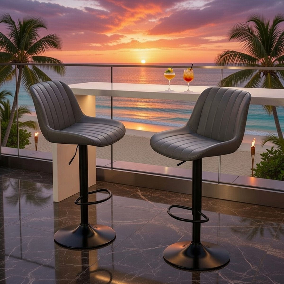 Luxe Barkrukken Set van 2 – Hoogte Verstelbare Barstoelen met Rugleuning, PU Lederen Zitting, Modern Design voor Keuken, Bar en Eetkamer – Donkergrijs, 360° Draaibaar Casa Serena
