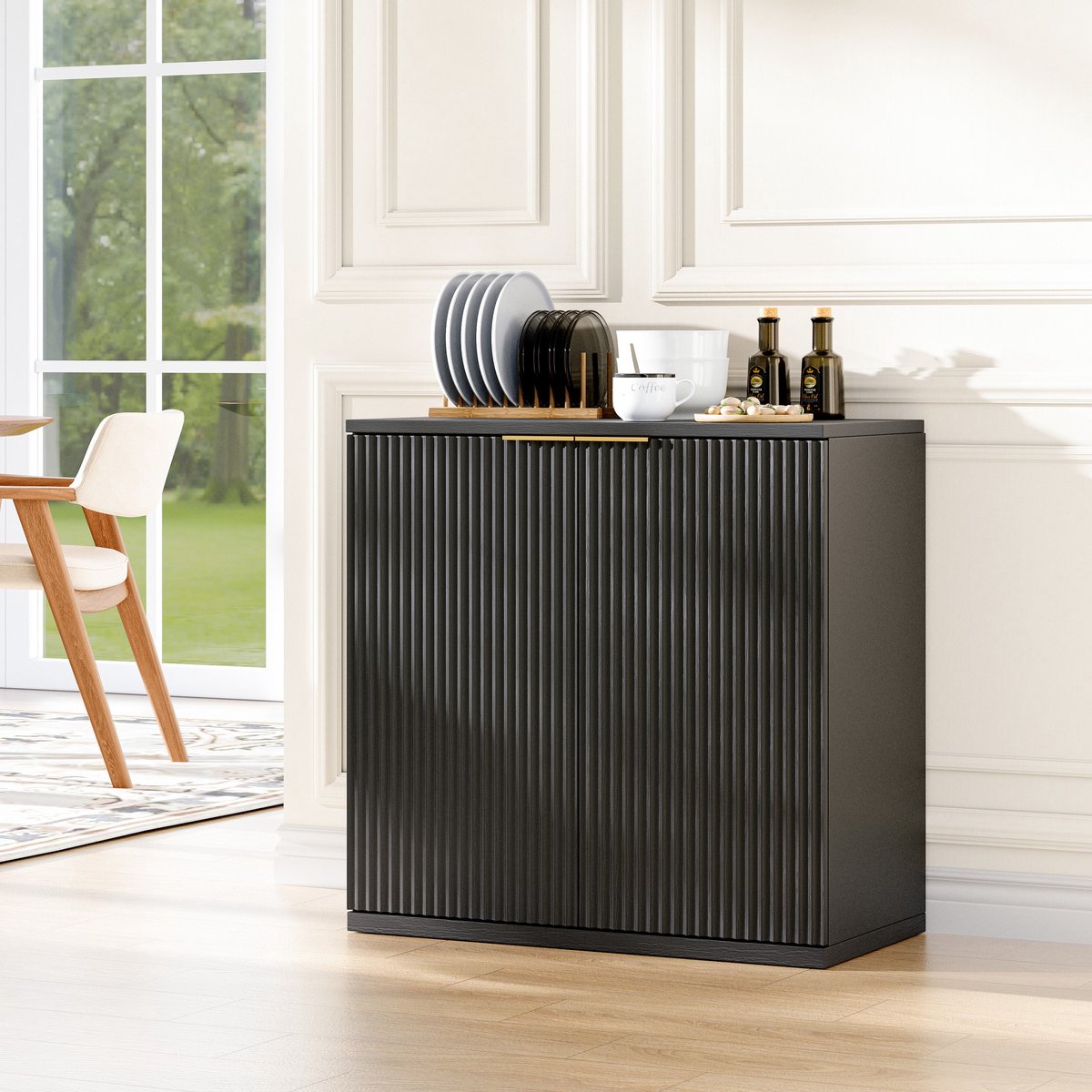 PHOEBE CAT Dressoir - Halmeubel - Metalen handgrepen - Gestreepte design - 60x30x70 cm - Zwart
