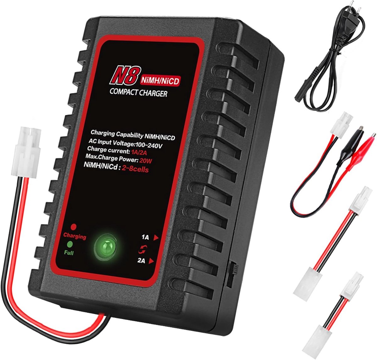 Slimme Nimh-Lader - Compatibel Met 2-8 Nimh/Nicd-Batterijen - Geschikt voor Luchtgeweren, Radiografisch Bestuurbare Auto's/Boten/Drones - Ondersteunt Standaard/Mini Tamiya-Interfaces - Spanningsbereik: 2,4V, 3,6V, 4,8V, 6V, 7,2V, 8,4V, 9,6V - Zwart