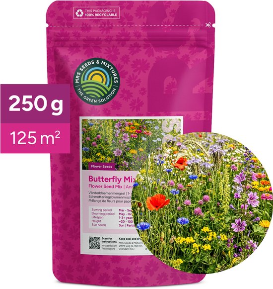 MRS Vlinderbloemenmengsel - 250 gram voor 125 m² - één en meerjarige wilde bloemen - Hoge aantrekkingskracht op vlinders - 23 soorten Bloemzaden - Kleurrijke Bloemenweide