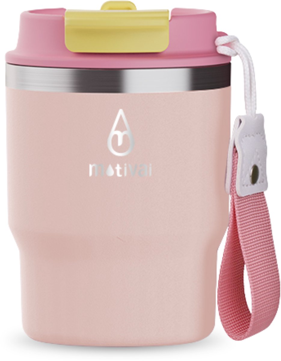 Motivai Outdoor RVS Thermosbeker To Go – 355ML – 100% Lekvrij & Dubbelwandig – Koffiebeker met Deksel & Rietje – Rosé