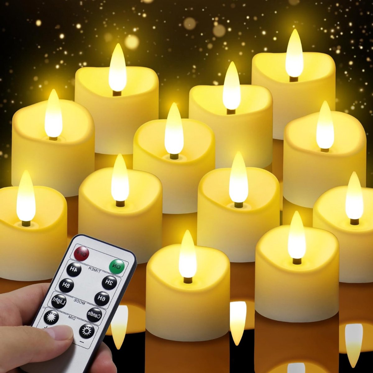 VIN® LED Theelichtjes Bewegend Vlam - LED Kaarsen met Bewegende Vlam - Kaarsen op Batterijen - Met Afstandsbediening – Incl. Batterijen – 12 Stuks - Wit