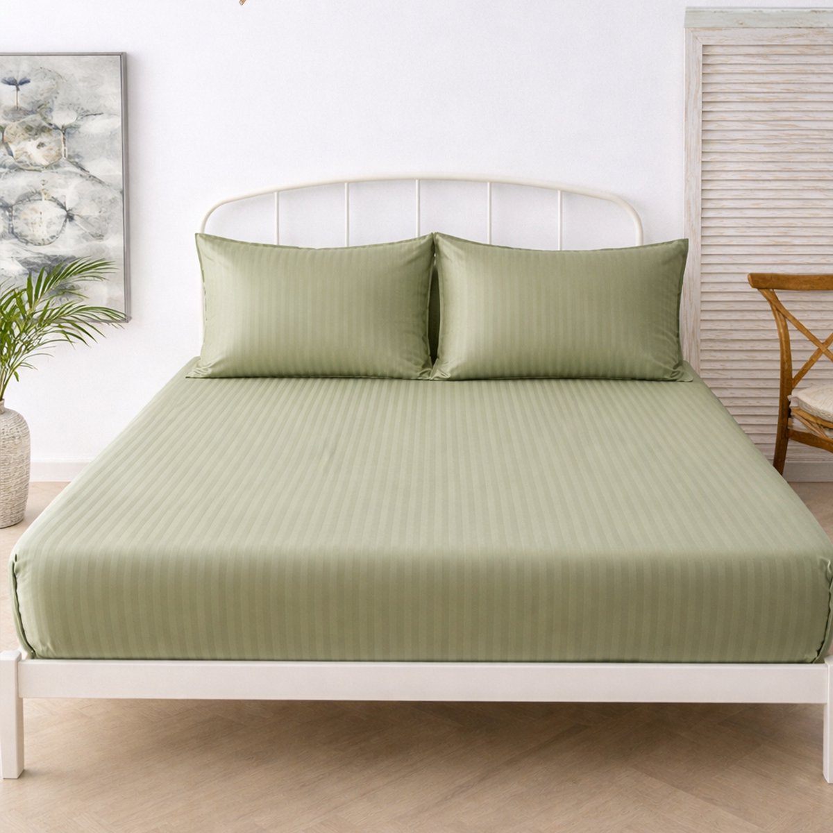 Boraboi® Luxe 3-delige Hoes Laken Set Katoen ,Satijnlook,Gestreept ,Khakigroen 140 x 200 cm