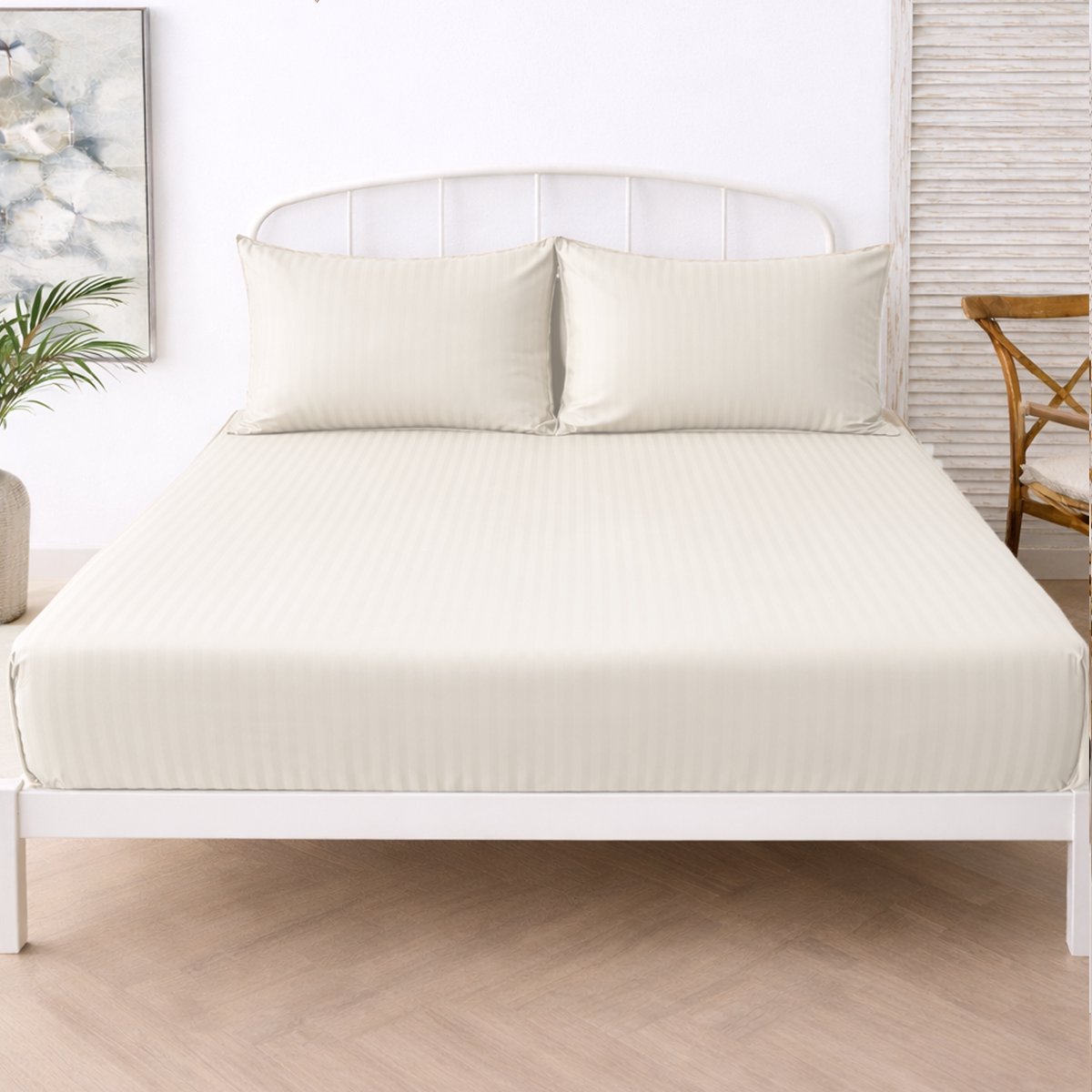 Boraboi® Luxe 3-delige Hoes Laken Set Katoen ,Satijnlook,Gestreept , Creme 140 x 200 cm