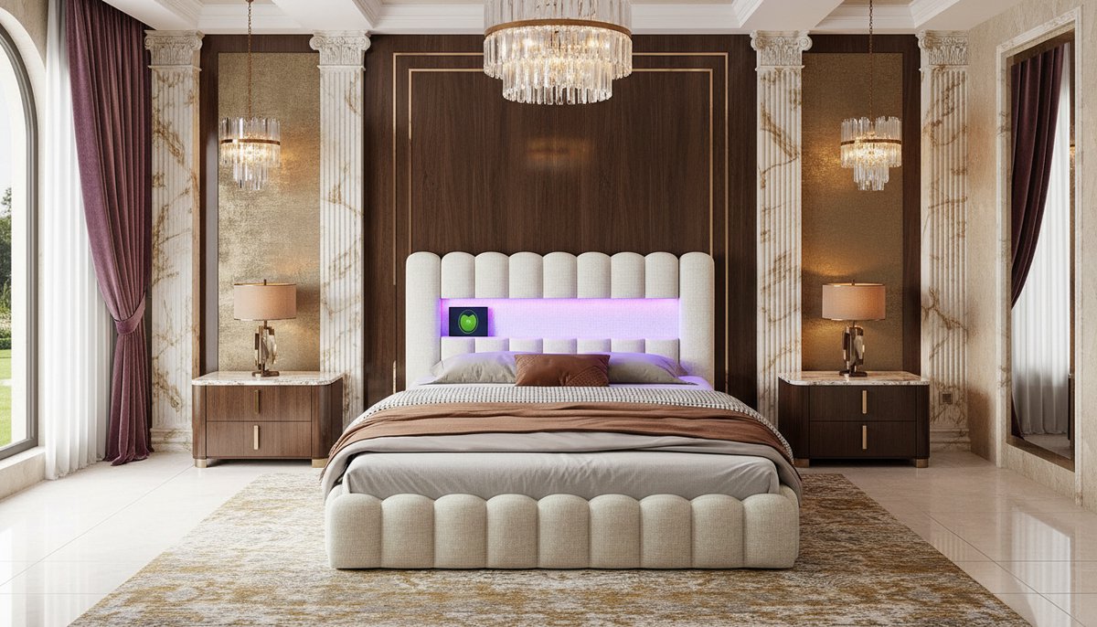 Gestoffeerd Opbergbed 140x200 met LED Verlichting en USB Oplaadfunctie – Tweepersoonsbed met Hydraulische Opbergruimte, Lattenbodem en Zachte Rugleuning – Modern Linnen Bedframe Beige – Casa Velluto Lumina Storage Bed